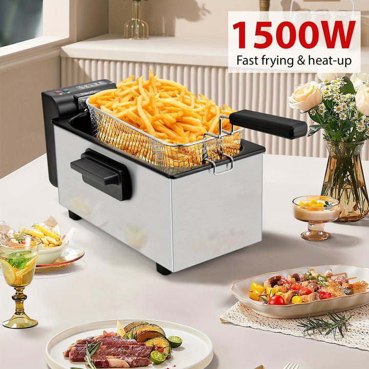 SUSTEAS 1500W Electric Deep Fryer with Basket - Stainless Steel, Non-Stick Inner Pot, Removable Lid, Temperature Control & Easy-Clean Design for Crispy Homemade French Fries & More, Deep Fryer Basket