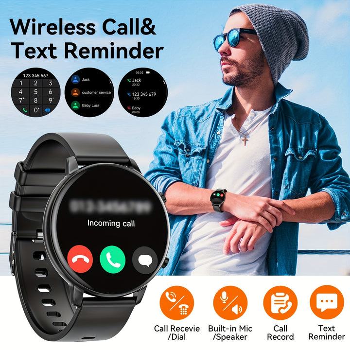 Smart Watch Fitness Tracker - Circular Touch Screen Watch For Android iOS Mobile Phones - Sedentary Reminders, Music Control, Lift Bowl Light Screen