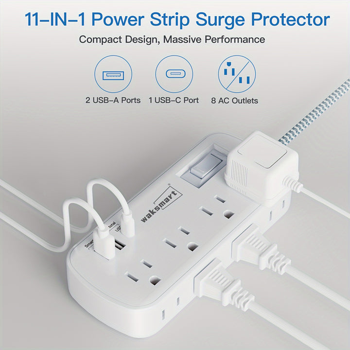 Compact 8-Outlet Surge Protector Power Strip with 3 USB Ports (1 USB-C) - Wall Mountable, 5ft Braided Flat Extension Cord, ETL Certified - Waksmart for Office, School, Dorm