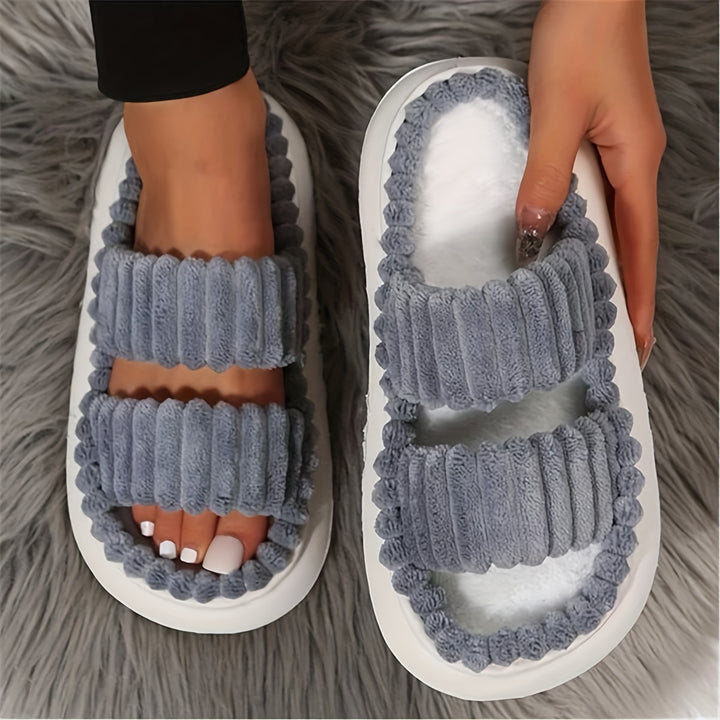 Double Straps Plush Women's Non Slip Comfy Slides Shoes, Solid Color Open Toe Fashion Indoor Platform Slippers