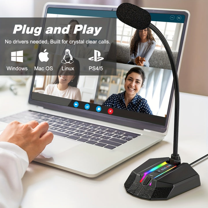 Plug And Play GM-02 PC USB Microphone For Computer, Mute & RGB Light Control, Gaming Microphone For PC Desktop PS4 Laptop Mac Windows Recording Conference