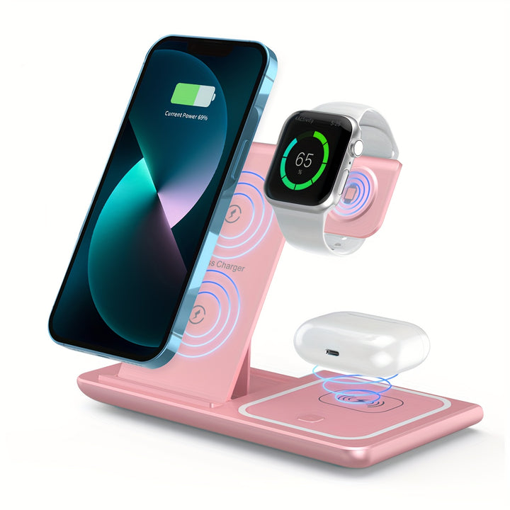 Stazione di Ricarica Wireless 3-in-1 Standard 15W Caricatore Veloce Mag-Safe con Adattatore QC3.0, Adatta per iPhone 15 14 13 12 11 x 8 Pro Max/Pro/Mini/Plus, iWatch Ultra 9/8 7/6/5/4/3/2, AirPods 3/2