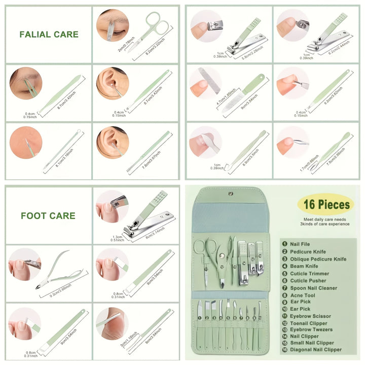 1 Set Of 16 Premium Stainless Steel Modern Style Of Nail Clippers Suit, Straight Blade Nail File, Ear Picks, Scissors, Beauty Care Professional Travel Kit