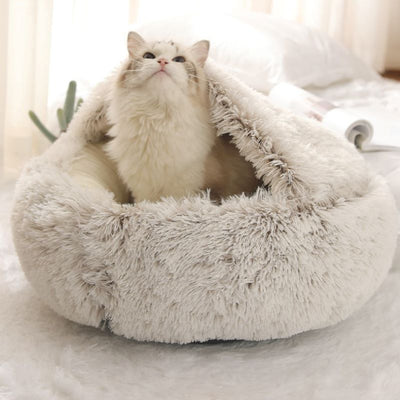 2 in 1 Round Warm Pet Bed House Polyester Cat Bed, Long Plush, Winter, with Sleeping Bag Sofa Cushion for Cat