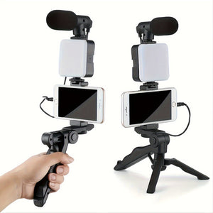 Supporto per telefono mobile 5 in 1 con stabilizzatore e luce LED, adatto per selfie a mano, attività all'aperto, interviste, luce di riempimento giorno e notte, treppiede portatile leggero e rotante.