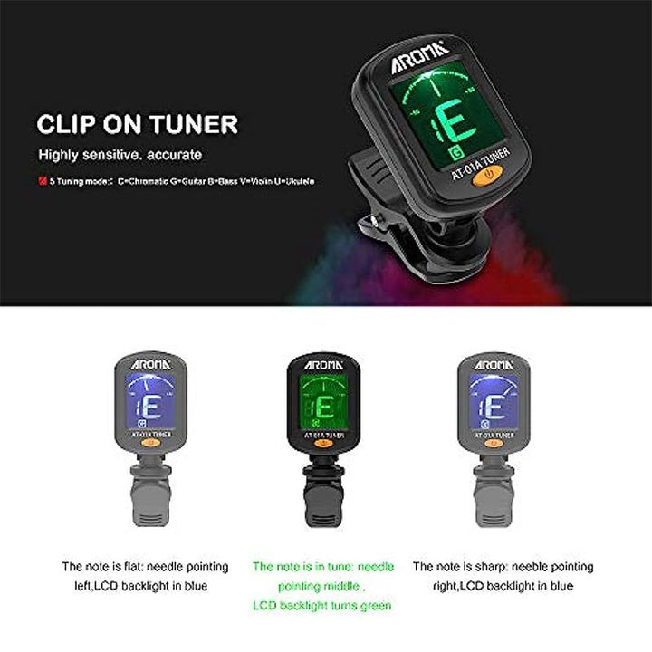 Guitar Tuner, Clip on Tuner for Guitar/Bass/Violin/Ukulele,Auto Power Off/One Button Operation/At-01A