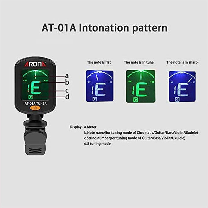 Guitar Tuner, Clip on Tuner for Guitar/Bass/Violin/Ukulele,Auto Power Off/One Button Operation/At-01A