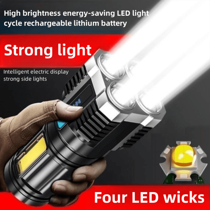 1pc Outdoor Strong Light Flashlight, 4 Four Lights, Strong Light Long-range Flashlight, Rechargeable COB Side Light Searchlight