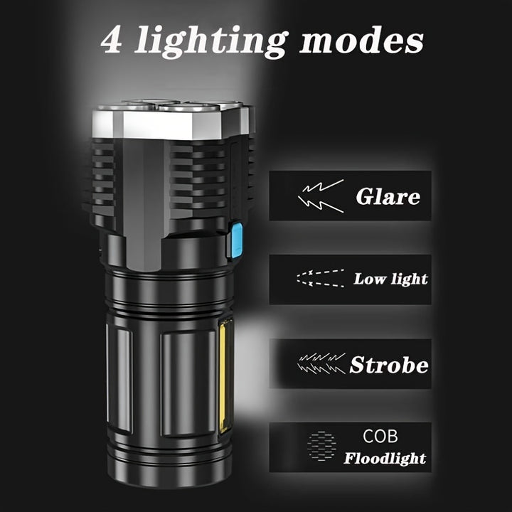 1pc Outdoor Strong Light Flashlight, 4 Four Lights, Strong Light Long-range Flashlight, Rechargeable COB Side Light Searchlight