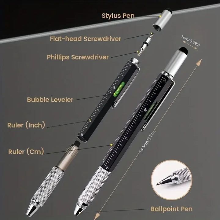 1pc, 6-in-1 Multifunctional Tool Pen Building Tools, Gift Tool Pen, Multifunctional Technology Pen with 1.0mm Black Round Ballpoint Pen, Ruler, Handwriting Pen, Level, Screwdriver, Pen Tool Gadget Pen Gift for Men Christmas G