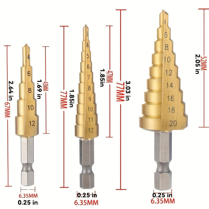 Multi-Size Titanium-Coated HSS Step Drill Bit Set - Precision Drilling for Wood & Metal, Efficient and Versatile