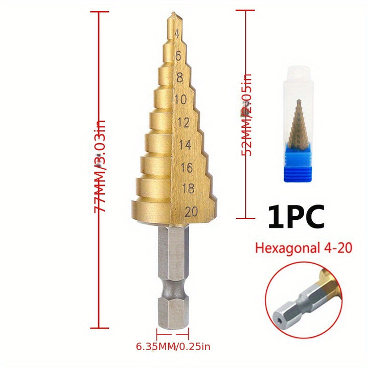 Multi-Size Titanium-Coated HSS Step Drill Bit Set - Precision Drilling for Wood & Metal, Efficient and Versatile