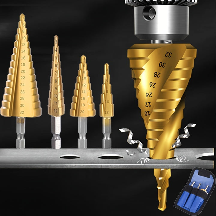 Multi-Size Titanium-Coated HSS Step Drill Bit Set - Precision Drilling for Wood & Metal, Efficient and Versatile