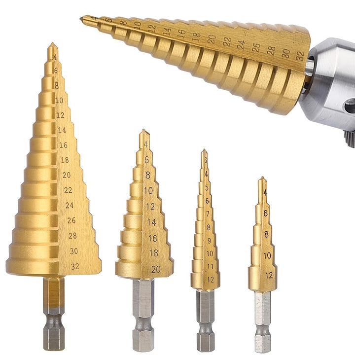Multi-Size Titanium-Coated HSS Step Drill Bit Set - Precision Drilling for Wood & Metal, Efficient and Versatile