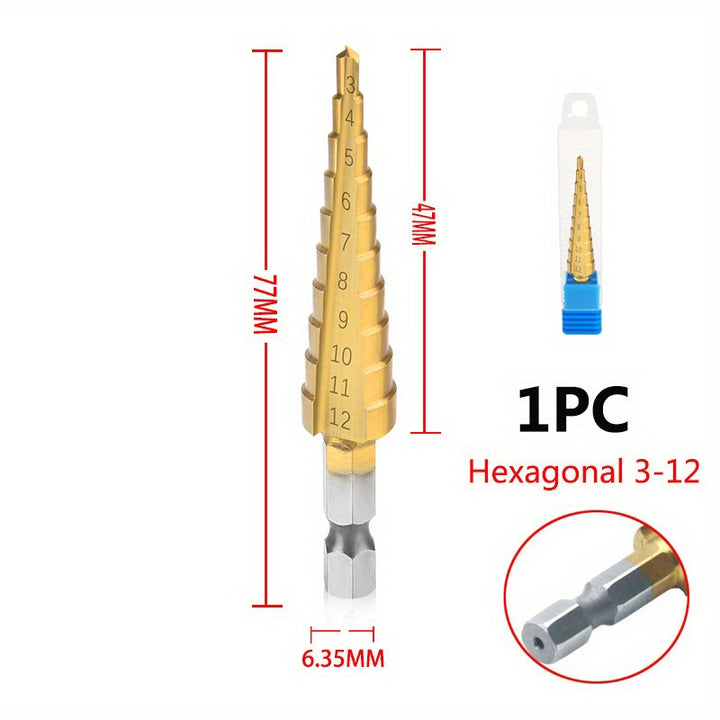 Multi-Size Titanium-Coated HSS Step Drill Bit Set - Precision Drilling for Wood & Metal, Efficient and Versatile