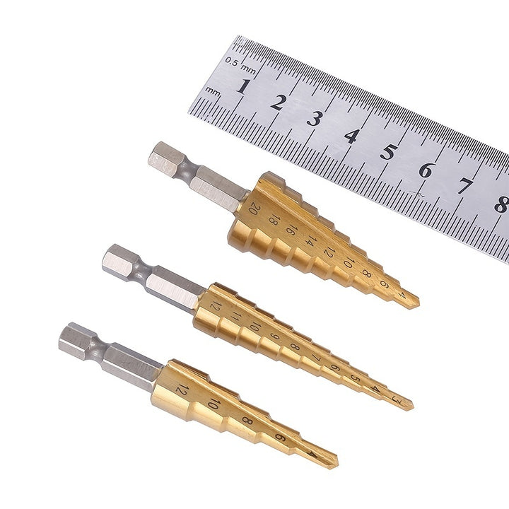 Multi-Size Titanium-Coated HSS Step Drill Bit Set - Precision Drilling for Wood & Metal, Efficient and Versatile