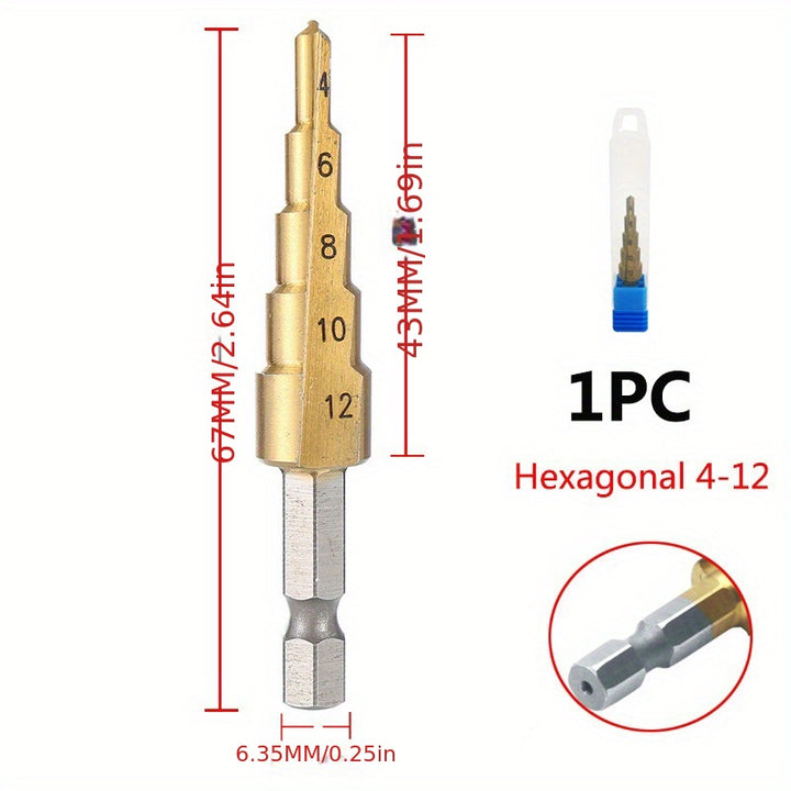 Multi-Size Titanium-Coated HSS Step Drill Bit Set - Precision Drilling for Wood & Metal, Efficient and Versatile