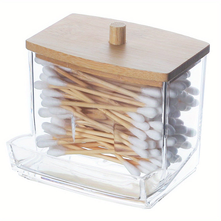 1pc Cotton Swab Pads Holder, Cotton Buds Ball Dispenser, Bathroom Container, Apothecary Jar For Storage With Wooden Lid, Plastic Storage Organizer, Makeup Organizer