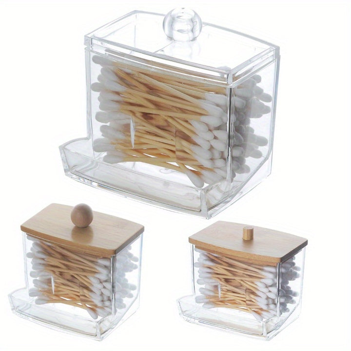 1pc Cotton Swab Pads Holder, Cotton Buds Ball Dispenser, Bathroom Container, Apothecary Jar For Storage With Wooden Lid, Plastic Storage Organizer, Makeup Organizer