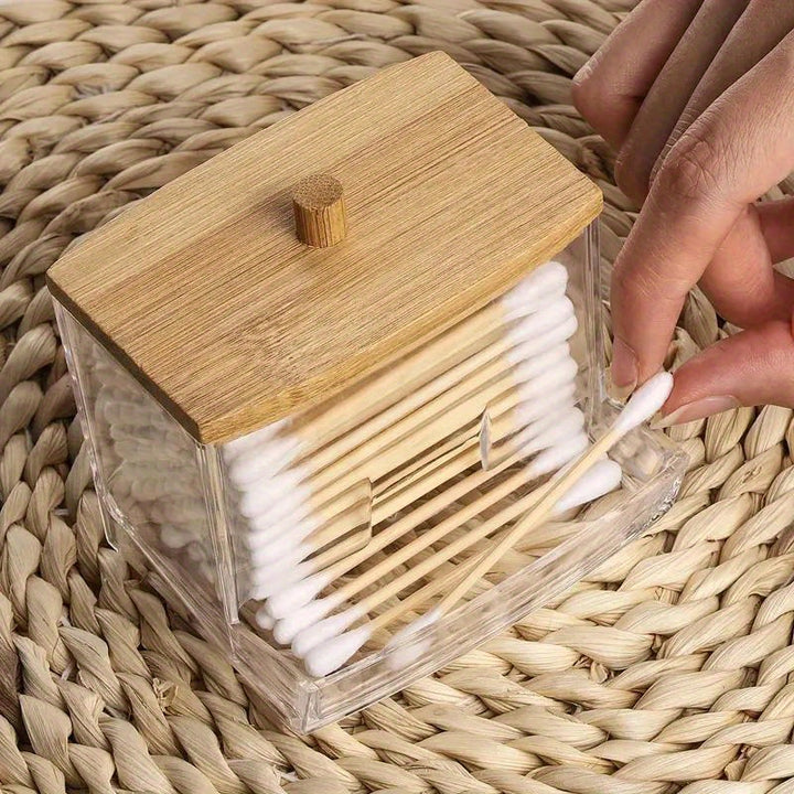 1pc Cotton Swab Pads Holder, Cotton Buds Ball Dispenser, Bathroom Container, Apothecary Jar For Storage With Wooden Lid, Plastic Storage Organizer, Makeup Organizer