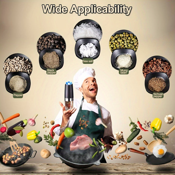 2pcs set gravity electric pepper grinder, salt or pepper mill & adjustable thickness, battery powered with LED light, one-handed automatic operation, stainless steel without batteries