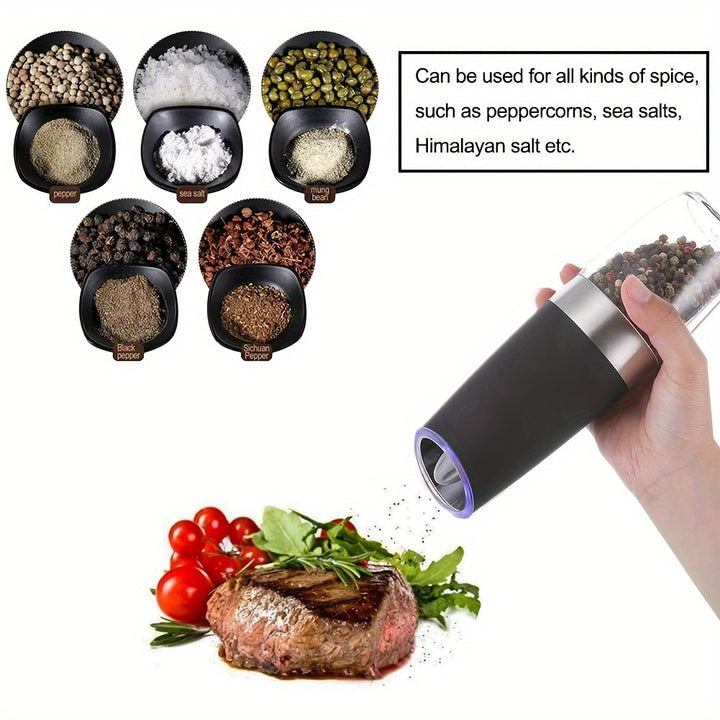 2pcs set gravity electric pepper grinder, salt or pepper mill & adjustable thickness, battery powered with LED light, one-handed automatic operation, stainless steel without batteries