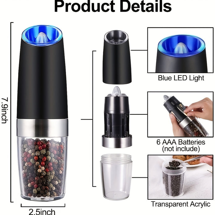2pcs set gravity electric pepper grinder, salt or pepper mill & adjustable thickness, battery powered with LED light, one-handed automatic operation, stainless steel without batteries