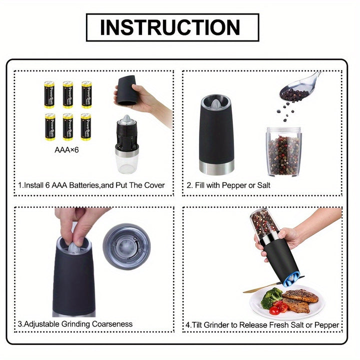 2pcs set gravity electric pepper grinder, salt or pepper mill & adjustable thickness, battery powered with LED light, one-handed automatic operation, stainless steel without batteries