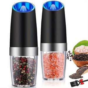 2pcs set gravity electric pepper grinder, salt or pepper mill & adjustable thickness, battery powered with LED light, one-handed automatic operation, stainless steel without batteries