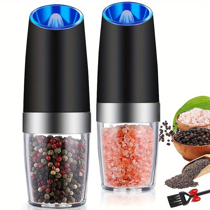 2pcs set gravity electric pepper grinder, salt or pepper mill & adjustable thickness, battery powered with LED light, one-handed automatic operation, stainless steel without batteries