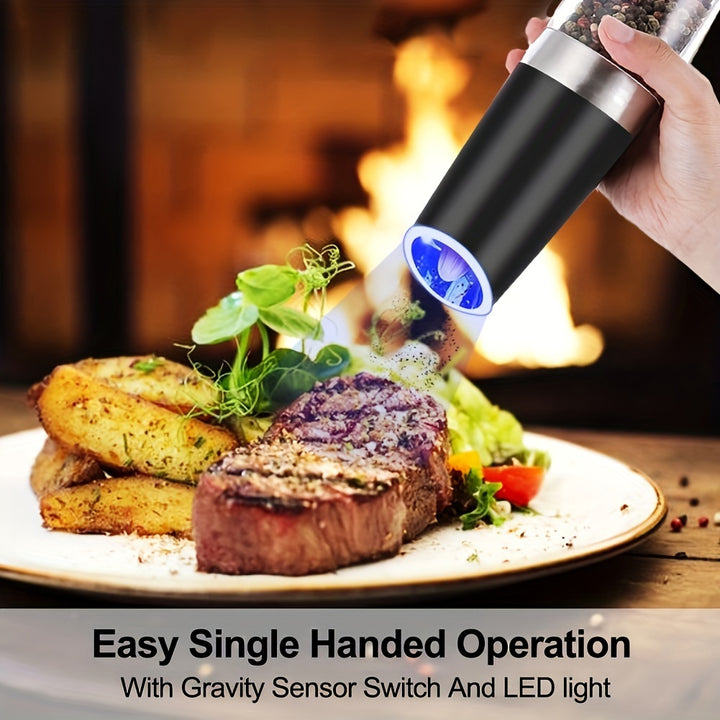 2pcs set gravity electric pepper grinder, salt or pepper mill & adjustable thickness, battery powered with LED light, one-handed automatic operation, stainless steel without batteries