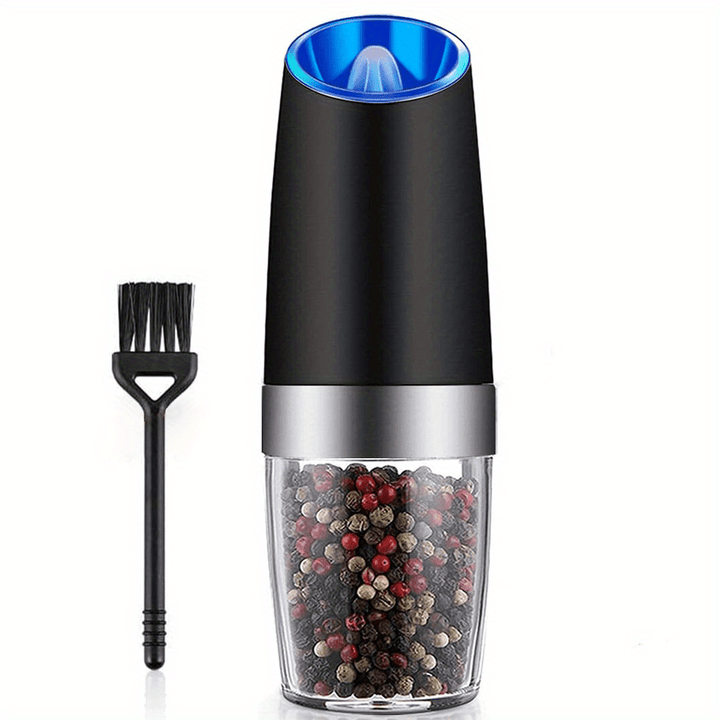 2pcs set gravity electric pepper grinder, salt or pepper mill & adjustable thickness, battery powered with LED light, one-handed automatic operation, stainless steel without batteries