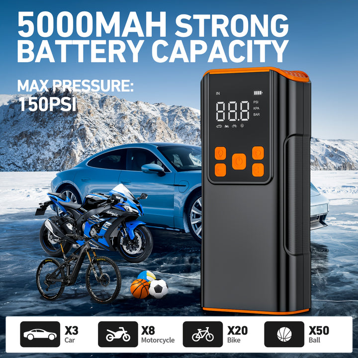 Portable Air Compressor - 150PSI Tire Inflator with Pressure Gauge, High-Capacity, 3X Faster for Cars, Bikes, Motorcycle Tires