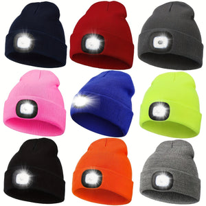 Bonnet LED unisexe de couleur unie avec lampe frontale respirante, bonnets en tricot tie-dye, bonnets chauds à revers pour la marche nocturne, la pêche, le camping et les festivals de musique.