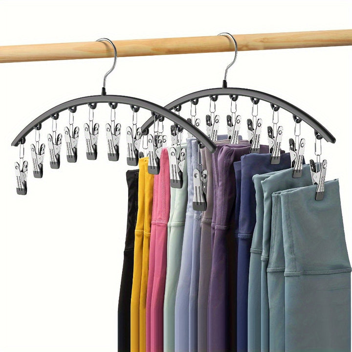 1pc Curved Metal Yoga Pants Hanger with 10 Non-Slip Clips – Space-Saving Closet Organizer for Leggings, Jeans, and More, Black, Rubber Coated, Ideal for Dorms and Bedrooms, Clothes Hangers