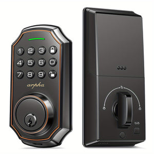 [Smart Keyless Entry Door Lock] Arpha Smart Keyless Entry Door Lock - Auto Lock/Unlock, 100 Code Anti-Peek Combination, Easy Installation, Low Battery Alarm, Strong & Heavy Zinc Alloy, Black & Orange, for Secure Home Access,