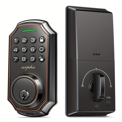 [Smart Keyless Entry Door Lock] Arpha Smart Keyless Entry Door Lock - Auto Lock/Unlock, 100 Code Anti-Peek Combination, Easy Installation, Low Battery Alarm, Strong & Heavy Zinc Alloy, Black & Orange, for Secure Home Access,