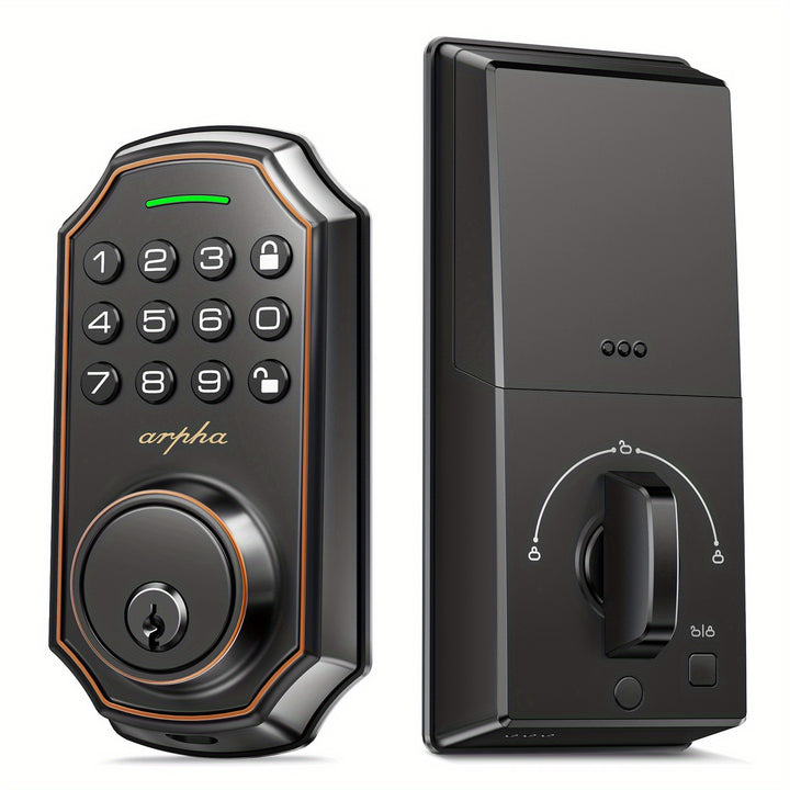 [Smart Keyless Entry Door Lock] Arpha Smart Keyless Entry Door Lock - Auto Lock/Unlock, 100 Code Anti-Peek Combination, Easy Installation, Low Battery Alarm, Strong & Heavy Zinc Alloy, Black & Orange, for Secure Home Access,