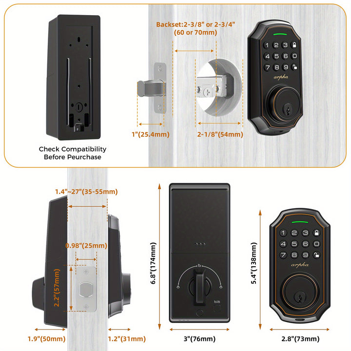 [Smart Keyless Entry Door Lock] Arpha Smart Keyless Entry Door Lock - Auto Lock/Unlock, 100 Code Anti-Peek Combination, Easy Installation, Low Battery Alarm, Strong & Heavy Zinc Alloy, Black & Orange, for Secure Home Access,