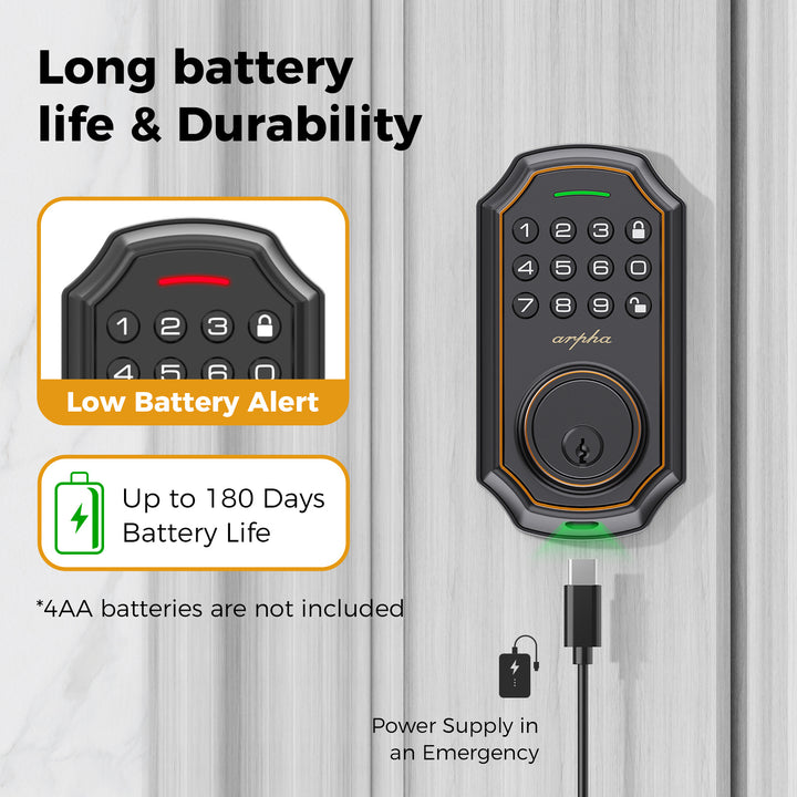 [Smart Keyless Entry Door Lock] Arpha Smart Keyless Entry Door Lock - Auto Lock/Unlock, 100 Code Anti-Peek Combination, Easy Installation, Low Battery Alarm, Strong & Heavy Zinc Alloy, Black & Orange, for Secure Home Access,