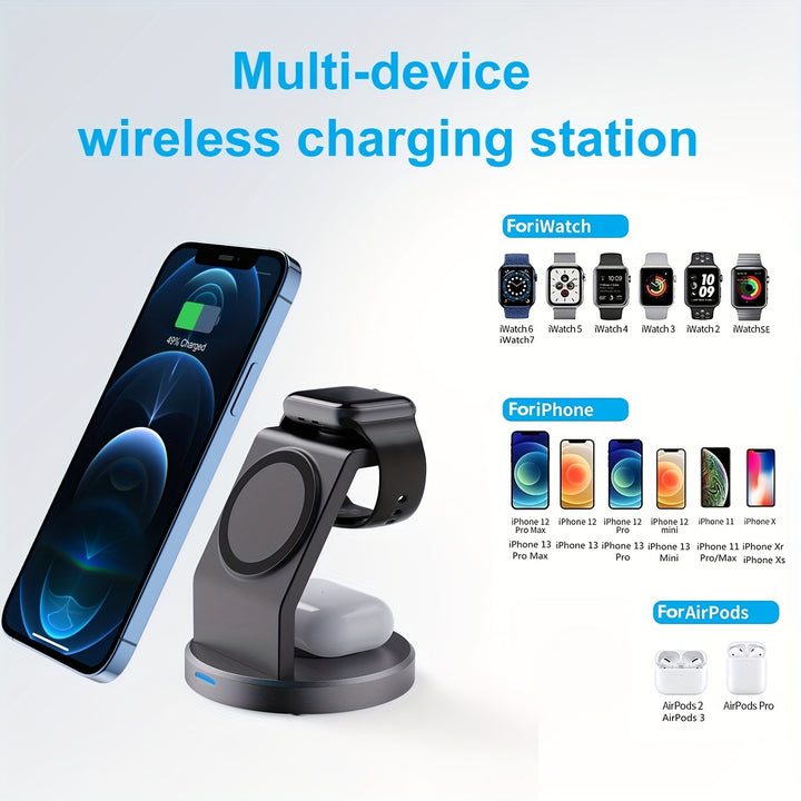 15W Magnetic Wireless Charger - Fast 3-in-1 Charging Station For IPhone, IWatch, AirPods - Secure USB Type-C Dock