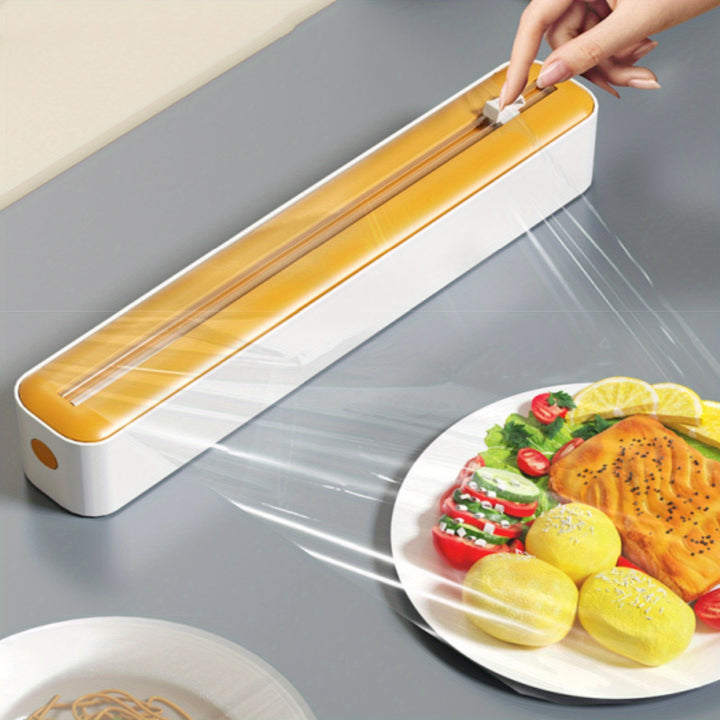 1 cortador de envoltura de cocina, caja de corte de hoja deslizante de doble cara, montado en la pared con ventosa, material ABS, adecuado para uso doméstico y comercial