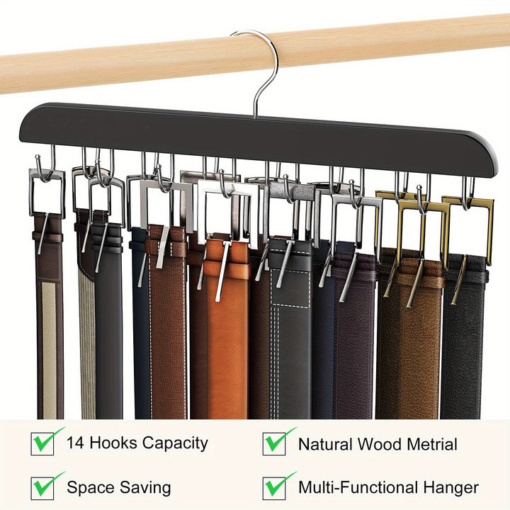 14-Hook Wooden Belt Hanger, Polished Multi-Functional Organizer, Space-Saving Clothes Drying Rack for Ties, Camisoles, Scarves, Belts, Home Storage for Bathroom, Bedroom, Closet, Wardrobe