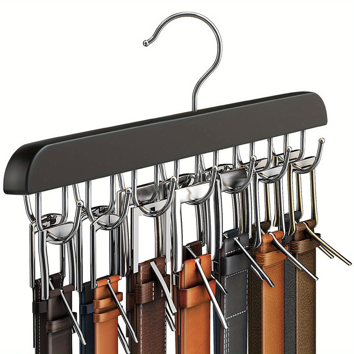 A multifunctional clothing organizer with 14 rotatable hook hangers - ties, scarves, vests, accessories - space saving wardrobe storage for homes, dormitories, and wardrobes