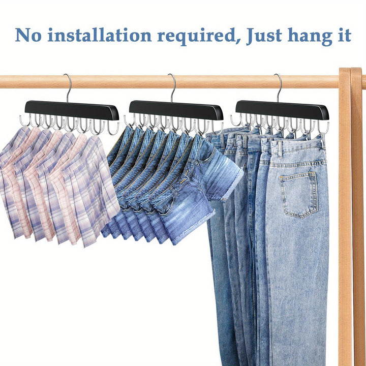 A multifunctional clothing organizer with 14 rotatable hook hangers - ties, scarves, vests, accessories - space saving wardrobe storage for homes, dormitories, and wardrobes