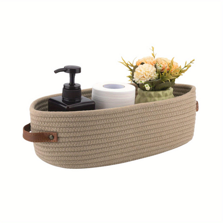 1pc Beige Woven office items Storage Basket with Handles - desktop Multifunctional Organizer for Toilet Top, office Desktops, or Bathroom Essentials, Stylish and Durable Home Decor Accessory