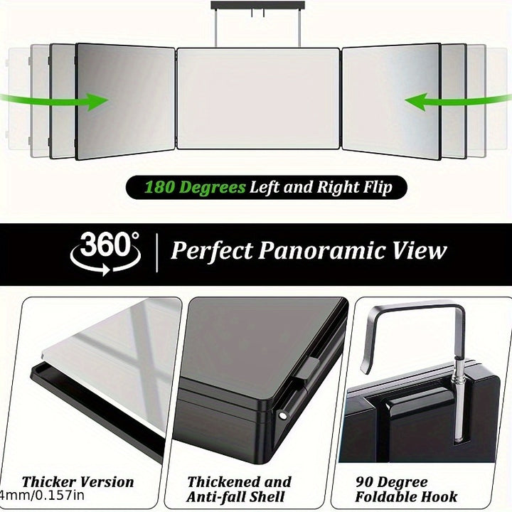 360° rotating 3-Way Trifold Mirror - Height Adjustable with Hooks for Effortless Self-Hair Cutting & Makeup Application