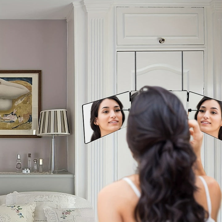 360° rotating 3-Way Trifold Mirror - Height Adjustable with Hooks for Effortless Self-Hair Cutting & Makeup Application