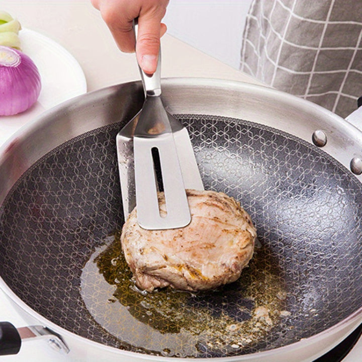 Versatile Non-Stick Stainless Steel Spatula with Clamp - Perfect for Fish & Steak, Ideal for Home Kitchens and Restaurants