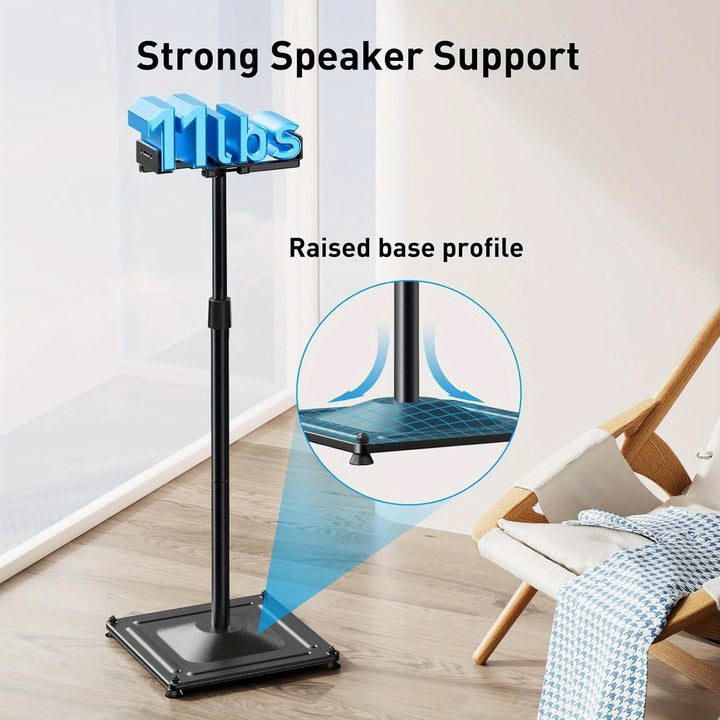 Par de Soportes de Altura Ajustable Universales para Altavoces - Soporta Altavoces Satelitales y de Estantería de hasta 11 lbs, Altura Ajustable de 33.3" a 45.1", Diseño Robusto y Duradero, Color Negro